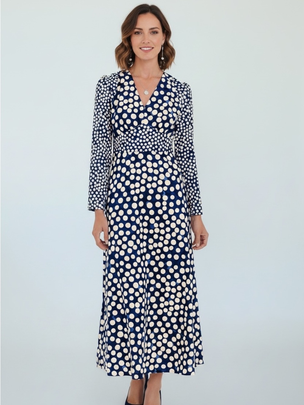 Donna Morgan Blue and White Long Sleeve Dress
